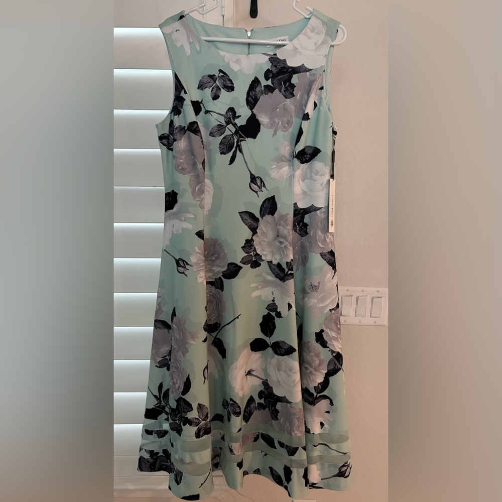 Calvin Klein Light Blue and Black Patterned Dress